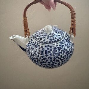 Blue and White Ceramic Teapot with Wicker Handle